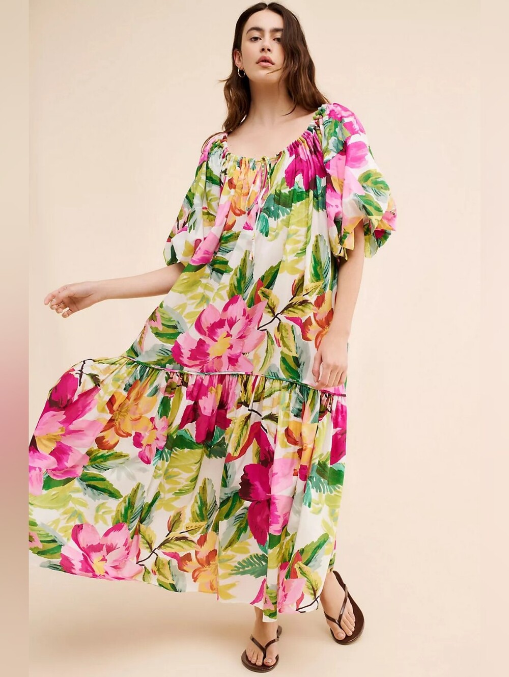 FARM Rio Painted Flowers Off-The-Shoulder Maxi Dress Size L Tropical Floral Boho